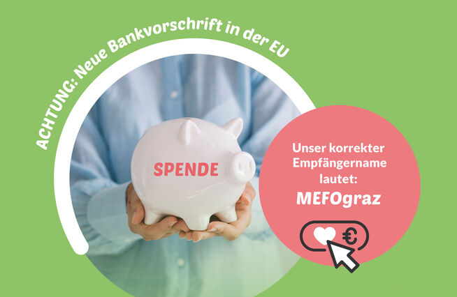 Grün-rosa Grafik zeigt Foto mit Hand, die weißes Sparschwein hält und Information zur Überweisung. 