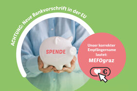 Grün-rosa Grafik zeigt Foto mit Hand, die weißes Sparschwein hält und Information zur Überweisung. 